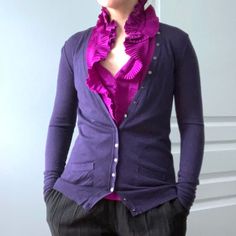 Details Martin And Osa Longline Plum / Eggplant / Dark Purple Button Down Dressy Cardigan Sweater. Deep Plunge V Neck. Front Decorative Pockets. Ribbed Hem And Cuffs. Pewter Silver Metal Accent Buttons Go All The Way Up The Neckline For A Studded Look. Beautiful Color And Flattering Slim Fitted Cardigan To Wear Over A Ruffled Silk Blouse Or Pleated Neck Camisole For Work Or Layering Casual Outfits. Approx. Measurements Labelled Size Small But Fits Like An Extra Small. Arms Are Fitted. Laid Flat: Purple Button-up Cardigan With Buttons, Purple Button-up Cardigan, Chic Fitted Purple Cardigan, Fitted Purple Cardigan With Buttons, Fitted Purple Cardigan For Layering, Dressy Cardigan, Long Cable Knit Cardigan, Pleated Neck, Coral Cardigan