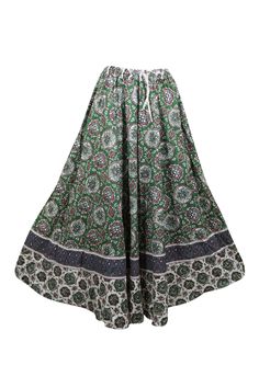 Womens Green Floral Maxi Skirt, Cotton Beach Gypsy Boho Flare Skirts, S/M: This Beach Maxi Skirt in green Summer is hand-crafted with cotton floral Print, perfect for a beachy, gypsy-inspired look. The cotton fabric is lightweight and comfortable, providing a great fit for sizes S/M. Back and front same, elastic waist and adjustable drawstring.A beautiful Long skirt with floral Print in a bohemian hippie style is a must-have in your wardrobe. The cotton fabric is ideal to wear in every season an Bohemian Ankle-length Flowy Skirt, Bohemian Multicolor Maxi Skirt With Gathered Detail, Green Flowy Bohemian Skirt, Green Bohemian Flowy Skirt, Traditional Cotton Maxi Skirt For Beach, Traditional Maxi Skirt For Spring Beach Outings, Green Bohemian Gathered Skirt, Traditional Beach Skirt For Summer, Green Bohemian Long Skirt