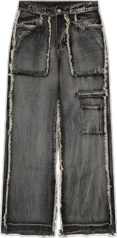 Grunge Cargo Jeans With Side Pockets, Edgy Oversized Jeans With Pockets, Y2k Distressed Cargo Jeans For Streetwear, Baggy Streetwear Jeans With Frayed Hem, Baggy Distressed Pants For Streetwear, Ripped Cargo Jeans For Streetwear, Baggy Jeans With Frayed Hem For Streetwear, Edgy Washed Pants For Streetwear, Trendy Streetwear Cargo Jeans With Frayed Hem