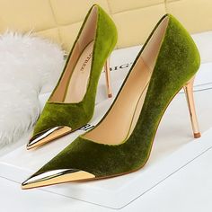 Metal Pointed High Heels Banquet Shoes Luxury High Heels, Velvet High Heels, Yellow Pumps, Bow Sandals, Pointed Toe Shoes, Stiletto Pumps, Suede Pumps, Party Shoes, High Heel Pumps