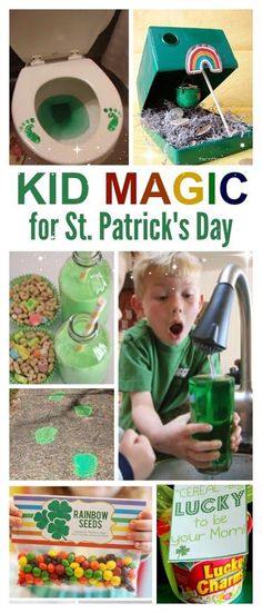 a collage of st patrick's day pictures with the words kid magic for st patrick's day