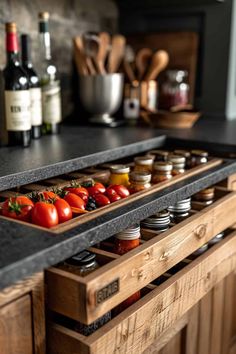 an open drawer in the middle of a kitchen counter filled with food and wine bottles