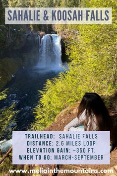 a woman sitting in front of a waterfall with text overlay that reads, sahele & koosa falls