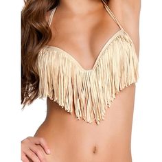 "Make Passion A Priority With This Gold Fringe Underwire Top. This Balconet Style Top Features Fringe Detail To Elongate The Torso. The Top Ties At The Neck And Includes An Adjustable Gold Clasp At The Back. Top Also Provides Molded Cups, Removable Padding, And Underwire For Added Support." Sold Out Online 80% Nylon, 20% Spandex Please Ask Any Questions Prior To Purchase. Thank You. Bohemian Backless Swimwear For Party, Gold Halter Neck Swimwear For The Beach, Summer Beach Halter Top With Fringe, Gold Backless Swimwear For Vacation, Gold Backless Halter Top For Summer, Bohemian Backless Swimwear For Festival, Fitted Bohemian Swimwear For Party, Summer Festival Swimwear With Fringe, Fitted Fringe Swimwear For Vacation