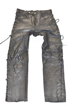 "Vintage BERTO LUCCI Men's Lace Up Real Leather Biker Motorcycle Black Trousers Pants  Size W30\" L30\" ############### Exact Material: Genuine Leather Garment Care: Dry-clean Only ###############   Lying flat on the floor inches and cm: Waist - 15.25\" (38.7 cm) Inside leg - 30.75\" (78 cm)  Rise - 13\" (33 cm)  Hem - 7\" (17.8 cm)  Total length - 40.75\" (103.5 cm) Weight approx - 1360 g The trousers are good condition with a vintage smell. Please attention to all pictures. *Please note that most of my items are vintage and has therefore been previously used unless stated otherwise. Vintage items will have some degree of wear, bobbling or a musty smell. Please take this into consideration when purchasing. If the item has any defects these will be stated in the listing and I do my very be Biker Wear, Motorcycle Black, Motorcycle Pants, Trousers Pants, Black Trousers, Vintage Polo, Leather Lace, Trouser Pants, Vintage Leather