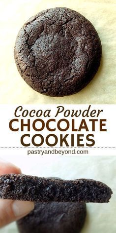 two chocolate cookies are being held up in front of each other with the words, cocoa powder chocolate cookies