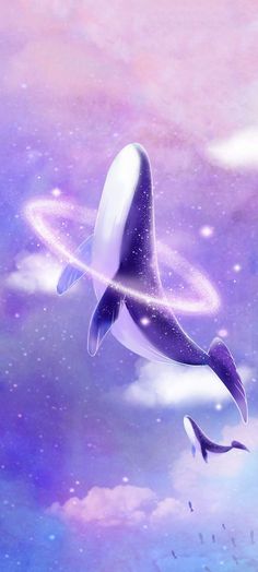 an orca whale swims in the ocean under a purple and blue sky with stars