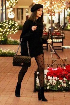 Black Tights Outfit, Polka Dot Tights, Jenna Dewan, Trendy Skirts, Winter Leggings, Outfit Trends, Tights Outfit, All Black Outfit