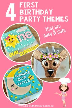 Looking for inspiration for your baby girl or baby boy's 1st birthday party? We have rounded up 4 of the most popular first birthday party themes - that are also easy and cute. We've also include first birthday cake ideas from our range to complement each theme. Get inspired here. #firstbirthday #birthdayparty #theme #birthdaycake #cake2therescue Fairy Birthday Cake, Sunshine Birthday Parties, Diy Birthday Cake, Baby Boy 1st Birthday Party, Sunshine Birthday, Wild One Birthday Party, Fun Party Themes, Safari Birthday Party