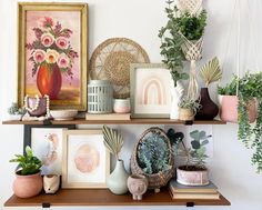 some plants and pictures on a shelf in a room