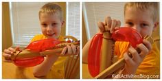 two pictures of a young boy playing with a musical instrument