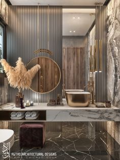 an image of a bathroom with marble floors and walls, including a large round mirror on the wall