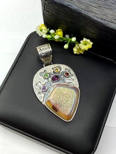 "ARTISAN RAINBOW DRUZY PENDANT Hand-made Sterling Silver 925. Stones used: Rainbow Druzy, Pink Tourmaline, Citrine, Green Sapphire, Garnet, Amethyst.. Height -2 9/16\" (including bail), Width - 1 1/16\" Height - 65mm (including bail), Width - 34mm Unique Handcrafted One-of a-kind Design Pendant Each Piece of Jewelry in my Collection is Absolutely One of a Kind! When you start wearing a piece of my jewelry you will fall in love with it more and more each day and feel that good Energy and Love tha Unique Multicolor Gemstones For Gift, Unique Multicolor Gemstones As Gifts, Artisan Multicolor Gemstones For Gift, Artisan Multicolor Gemstones As Gift, Unique Sterling Silver Gemstones For Gifts, Handmade Multicolor Jewelry For Anniversary, Unique Multicolor Gemstones In Sterling Silver, Handmade Sterling Silver Gemstones For Anniversary, Multicolor Gemstones With Stone Setting As Gift