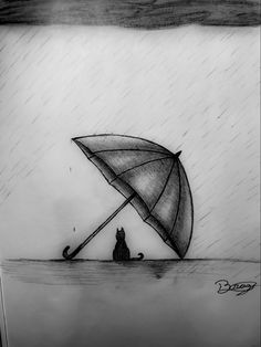 a drawing of a cat sitting under an umbrella in the rain with a black and white background