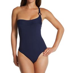 This sexy, on-trend suit features a stylish one shoulder profile with a horizontal jacquard knit band that highlights your bustline and creates a unique contrast. Made from polyamide and elastane. Multi-part, underwire cups are unpadded, with a vertical seam to lift and shape the breasts. Bra sized cups allow you to achieve the best possible fit. Non-stretch mesh at inner center and sides of the cup increases the stability of the fit. Princess seaming at front delivers a shapely fit at the bust. Chic Formal Swimwear For Summer, Elegant Swimwear With Asymmetrical Neckline, Elegant Fitted Strapless Swimwear, Elegant Party Swimwear With Asymmetrical Neckline, Chic One-piece Formal Swimwear, Elegant One Shoulder Lined Swimwear, Elegant One-shoulder Lined Swimwear, Solid Fitted Off-shoulder Swimwear, Chic Swimwear With Asymmetrical Neckline And Lined Body