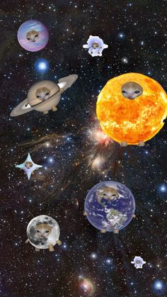 an image of planets in the sky with stars and cats on them, as if they were flying through space