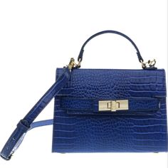 Blue Crossbody Flap Bag With Gold-tone Hardware, Blue Crossbody Evening Bag With Detachable Handle, Blue Clutch Bag With Top Carry Handle, Blue Rectangular Flap Bag, Blue Satchel Evening Bag With Detachable Handle, Blue Rectangular Flap Bag For Formal Occasions, Blue Handheld Bag For Formal Occasions, Blue Handheld Bags For Formal Occasions, Blue Formal Bags With Gold-tone Hardware