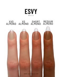 Extra Short Almond – ESVY Nails Nail Length Chart Almond, Almond Nail Sizes, Almond Nails Length Chart, Short Tips Nails Gel, Short Nails Extensions, Nail Shape Short Nails, Almond Nails Filing, Extra Small Almond Nails, Xs Short Almond Nails