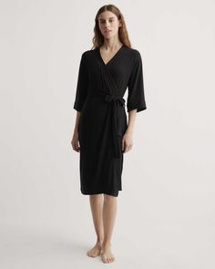 Organic Bamboo Jersey Robe Elegant V-neck Kimono For Daywear, Elegant V-neck Robe In Solid Color, Black Wrap Dress With Tie Waist, Elegant V-neck Belted Robe, Fitted V-neck Robe For Daywear, Fitted V-neck Daywear Robe, Elegant Dresses With Tie Waist For Loungewear, Black Wrap Dress For Work, Elegant Spring Kimono For Workwear