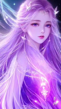 a girl with long hair and butterflies on her head is shown in purple tones, while the