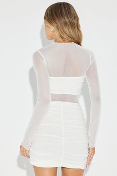 Available In Ivory. Mesh Micro Mini Dress High Neck Long Sleeve Mesh Cut Outs Ruched Lined Stretch Length = 30" Self: 95% Polyester 5% Spandex Contrast: 96% Polyester 4% Spandex Imported | Mai Mesh Micro Mini Dress in Ivory size 3X by Fashion Nova White Mini Mesh Dress For Party, White Mesh Mini Dress For Parties, Long Sleeve Bodycon Mesh Mini Dress, Stretch Mesh Dress With Sheer Sleeves, Mini Length, White Mesh Long Sleeve Mini Dress, Service Women, High Neck Long Sleeve, Matching Dresses, Fashion Nova