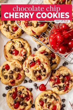 chocolate chip cherry cookies on a cooling rack with cherries and chocolate chips in the background