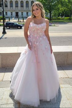 Pink Tulle Lace-Up Back Ball Gown with 3D Floral Lace – Modsele Pink Evening Dress, Lace Formal Dress, Backless Prom Dresses, Pink Tulle, Tulle Lace, Formal Evening Dresses, Prom Gown, Lace Applique, Ball Dresses