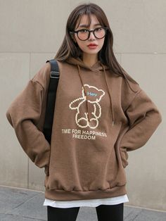 Brown Casual  Long Sleeve Polyester Letter Pullovers  Slight Stretch Spring/Fall Women Sweatshirts Brown Hoodie Outfit, Korean Winter, Nothing To Say, Korean Fashion Winter, Thermal Hoodie, Outfit Korean, Brown Hoodie, Women Sweatshirts