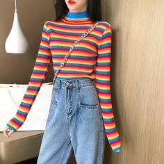 Material: Cotton Material: Polyester Thickness: Standard Technics: Computer Knitted Sleeve Length(cm): Full Pattern Type: Striped Closure Type: None Collar: Turtleneck Item Type: Pullovers Sleeve Style: Regular Style: Rainbow Decoration: None Clothing Length: Regular Size (cm) Length Bust Sleeve One Size 50 70-110 56 Size (inch) Length Bust Sleeve One Size 19.69 27.55-43.30 22.05 Rainbowcore Fashion, Y2k Aesthetic Fashion, Aesthetic Clothing Stores, Egirl Outfits, Maxi Dresses Fall, Rainbow Sweater, Girl Rainbow, Turtle Neck Jumper, Stripe Long Sleeve