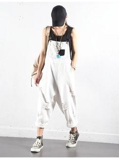 SOLID FRAYED HOLES SUSPENDER JUMPSUITS - rrdeye Trendy Jumpsuits And Rompers With Suspenders For Spring, Casual White Cotton Shortalls, Spring Cotton Jumpsuits And Rompers With Suspenders, White Casual Bib Front Overalls, White Casual Overalls And Rompers, Casual White Overall Jumpsuits And Rompers, Casual White Jumpsuits And Overalls, Cotton Overalls With Suspenders, Cotton Overall Jumpsuit With Suspenders