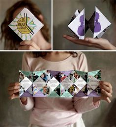 an origami brochure with pictures of people holding it in their hands