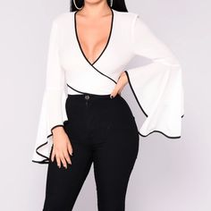 Brand New Polyester Bell Sleeve Wrap Waist Cropped Blouse Stretch White Tops For Date Night, White Stretch Top For Date Night, White V-neck Top For Date Night, White Long Sleeve Top For Date Night, White V-neck Top For Night Out, Black Bell Sleeve Top, Bell Sleeve Bodysuit, Vision Of Love, Grad Photoshoot