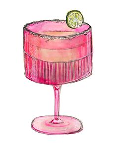 a drawing of a pink drink with a lime slice on top