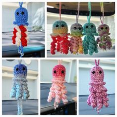 crocheted octopus ornaments hanging from the back of a car in different colors and sizes