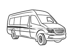 a black and white drawing of a mercedes van with wheels on the front, side view