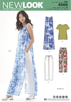 a woman in a blue and white dress, pants and sandals is wearing a new look pattern