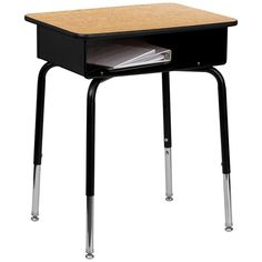 a black desk with a wooden top and metal legs