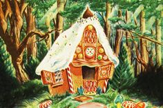 a painting of a gingerbread house in the woods