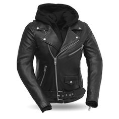 Ryman Sheepskin Womens Classic Leather Jacket with Removable Hoodie. Features: M/C style w/ snap down lapel, collar and asymmetrical zipper One zippered chest pocket Two zippered slash pockets One patch pocket Two interior pockets Zippered sleeves w/ gussets Adjustable belt Underarm grommets Action back Removable Hoodie Motos Vintage, Black Leather Motorcycle Jacket, Motorcycle Leather Jacket, Motorcycle Jacket Women, Classic Leather Jacket, Thermal Hoodie, Riding Jacket, Motorcycle Riders, Motorcycle Leather