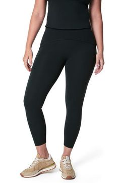 Hit the gym or run errands in sweat-wicking leggings that smooth with sculpting compression fabric featuring discreet drop-in pockets and a high waist. 22" inseam; 8" leg opening; 10 1/2" front rise; 13 1/2" back rise (size Medium)   91% recycled polyester, 9% spandex   Machine wash, tumble dry   Imported Sporty 4-way Stretch Leggings With Wide Waistband, Sporty Leggings With 4-way Stretch And Wide Waistband, Functional Compression Leggings With Wide Waistband, Compressive Functional Tights With Wide Waistband, Comfort Stretch Go-dry Tights For Pilates, Go-dry Comfort Stretch Tights For Pilates, Sporty Comfort Stretch Tights For Pilates, Functional 4-way Stretch Leggings With Wide Waistband, Compression Activewear With Wide Waistband For Pilates