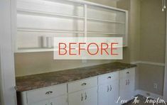 before and after photo of a kitchen cabinet with granite counter top, cabinets painted white