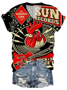 Sun Records Rock N Roll Since 1952 Guitar Cock T-Shirt Retro T-shirt For Summer Country Concerts, Retro T-shirt For Fall Concert, Retro Fall Concert T-shirt, Fall Music-themed Graphic Print T-shirt, Retro Graphic Print Top For Music Festivals, Retro Fall Concert Tops, Retro Fall Tops For Concert, Retro Tops For Fall Concerts, Short Sleeve Graphic Print Rock And Roll Top