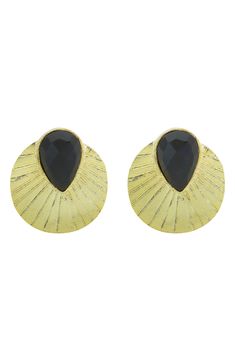 A black stone teardrop brings edgy shine to sunray medallion earrings finished in gleaming 14-karat gold. 3/4" diameter Post back 14k-gold plate/stone Imported Medallion Earrings, Tumi Luggage, Clutch Pouch, Fall Accessories, How To Make Shoes, Keep Jewelry, Black Stone, Girls Accessories