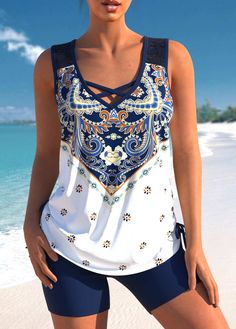 ROTITA Tribal Print Cross Strap Navy Blue Tankini Set Womens Tankini Swimwear, Elegant Summer Outfits, Swimsuit Tankini, Blue Tankini, Beautiful Tops, Tankini With Shorts, Swimming Suits, Swimwear Trends, Bake Cookies