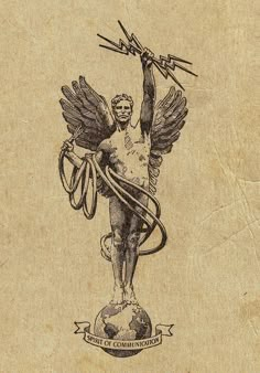 a drawing of an angel holding scissors on top of a globe