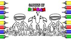 two cartoon characters standing in front of colored pencils with the words garden of banana on them