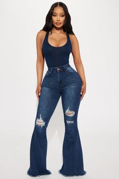 Available In Dark Wash. Flare Jean 5 Pocket Ripped High Stretch 34" Inseam 11" High Rise Medium Stretch Disclaimer: Due To The Specialized Wash & Distressing Process, Each Garment Is Unique. 73% Cotton 23% Polyester 2% Spandex 2% Other Fiber Imported | Come Correct Stretch Flare Jeans in Dark Wash size 1 by Fashion Nova Jeans Romper, Jodie Joe, Romper Outfits, Flare Jeans Outfit, Super Flare Jeans, Fashion Nova Outfits, Cute Lazy Outfits, Curvy Women Outfits, Lazy Outfits