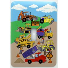 a light switch cover with construction vehicles on the front and back covers in different colors