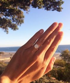 a person holding their hand up to the sky with a diamond ring on it's finger