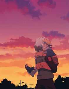 two people standing in front of a sunset with the sky filled with pink and purple clouds